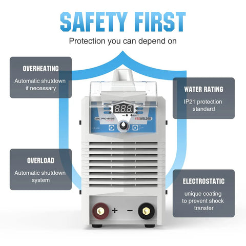 Beefy 165 Amp Dual Voltage MMA Stick Welder With Digital Display showing safety features and protection standards.