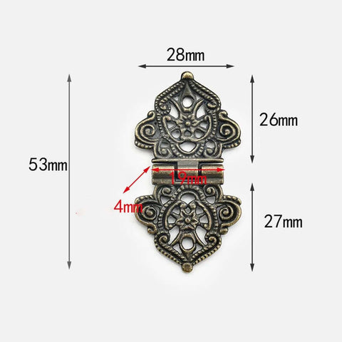 Old School Alloy Hollow Flower Hinges For Cabinets And Boxes with detailed measurements, durable metal for closets, dressers, and cupboards.