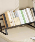 Open Iron Desk Bookcase With Industrial Style Heavy Duty Metal Shelf Rack holding books on tabletop near window
