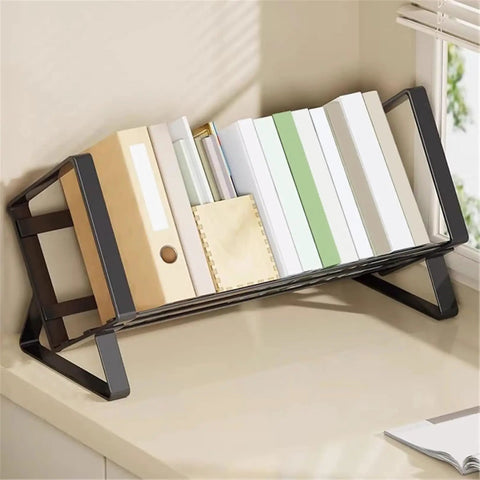 Open Iron Desk Bookcase With Industrial Style Heavy Duty Metal Shelf Rack holding books on tabletop near window