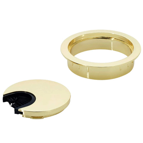 Polished Brass Metal Cable Grommet With 2 Piece Lock In Feature And Brush Opening For Office And Computer Desk Wire Management, 60mm Hole, Heavy Duty Die Cast Zinc Construction Finish