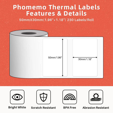 Heavy Duty Thermal Sticker Label Paper For M120 M110 M220 M250 M150 Label Makers with dimensions 50mm x 30mm and 230 labels per roll.