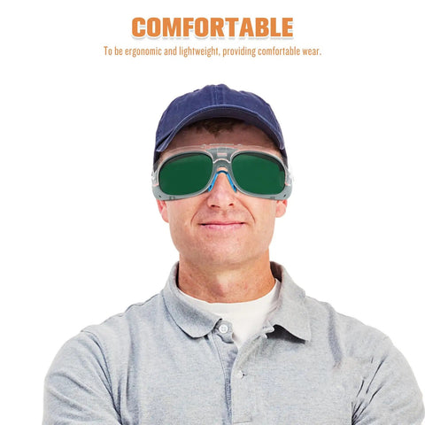 Built Different Welding Safety Goggles With Top Shelf Impact Resistance And Dust Splash Proof Black Gray Lenses For Heavy Duty Shop Work and Everyday Welder Gear worn by a man