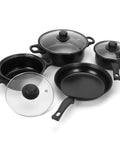 Travel Ready 13 Piece Nonstick Cookware Set with lightweight cast iron pots, pans, and glass lids for camping picnics and outdoor cooking.