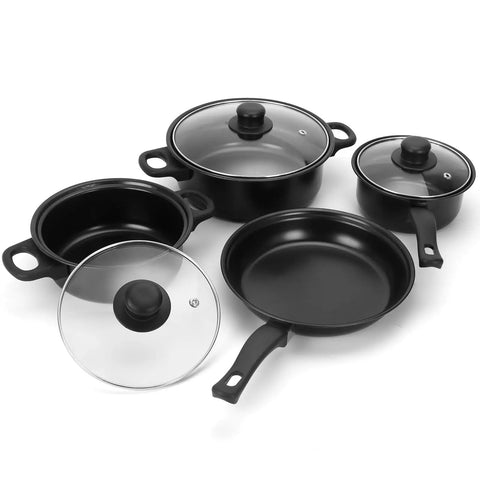Travel Ready 13 Piece Nonstick Cookware Set with lightweight cast iron pots, pans, and glass lids for camping picnics and outdoor cooking.