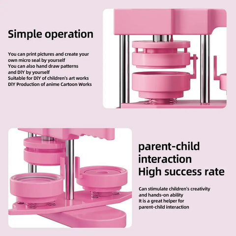 Close-up of pink badge press from 58mm DIY Button Maker Kit With 100 Button Parts And Circle Cutter Pink 2.25 Inch Badge Press Machine Easy Install Includes 110 Designs And 100 Pics For Quick Custom Pins.