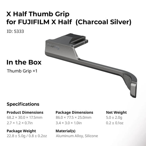 Fujifilm X Half Thumb Grip With Anti Slip Textured Surface And Built In Silicone Pads For Stable One Hand Handling Charcoal Silver Finish Easy Hot Shoe Mount displayed with dimensions