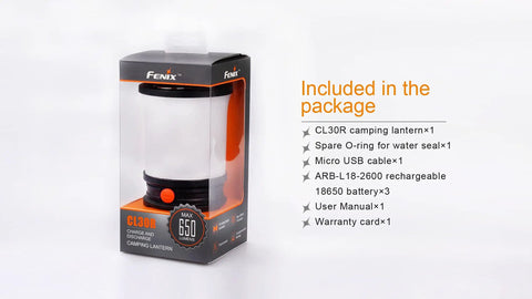 CL30R Camping Lantern With 650 Lumens package showing lantern, USB cable, batteries, manual, and accessories included.