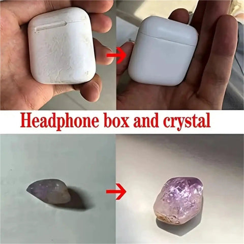 Image showing a hand holding a white headphone box and a crystal, highlighting the difference in their appearance.