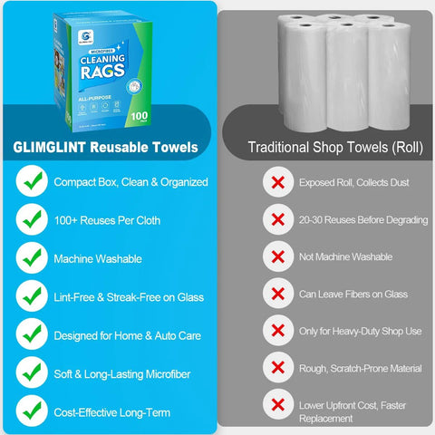 Front view of GLIMGLINT 100-pack blue microfiber cleaning cloth box beside traditional shop towel roll.