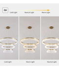 Next Level Gold Round Pendant Light Featuring Three Color Adjustable Aluminum Shade display showing cold, neutral, and warm light settings.