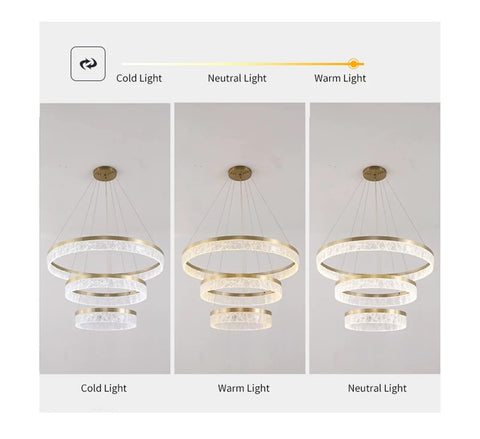 Next Level Gold Round Pendant Light Featuring Three Color Adjustable Aluminum Shade display showing cold, neutral, and warm light settings.