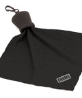 Chums microfiber lens cloth keychain, black fabric with CHUMS logo, attached to clip