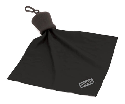 Chums microfiber lens cloth keychain, black fabric with CHUMS logo, attached to clip