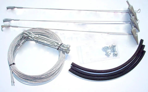 Six To Ten Inch Diameter Tree Guying Kit With Turnbuckles For Heavy Duty Stabilization Includes Arrowhead Earth Anchors With Thirty Inch Galvanized Cable Attached, Three Fifteen Foot Cables, Eighteen Inch Protective Hoses, And Three Eighths Inch By Six with components displayed