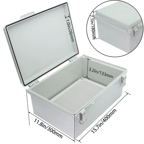 Open Beefy Outdoor Junction Box With Hinged Cover IP67 Weatherproof ABS Enclosure showing dimensions and interior view.