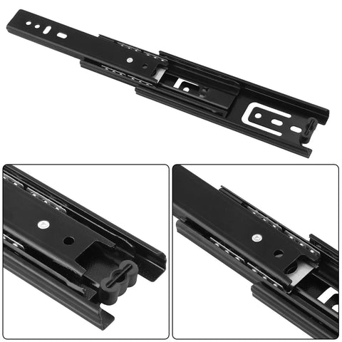 Eight Pairs Top Shelf Black Drawer Slides Full Extension Side Mount Ball Bearing Telescopic Slider Built Like A Tank Cabinet Hardware close-up view of steel glide.
