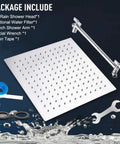 Package contents of 12" High Pressure Stainless Square Rain Shower Head with arm, filter, wrench, and tape.