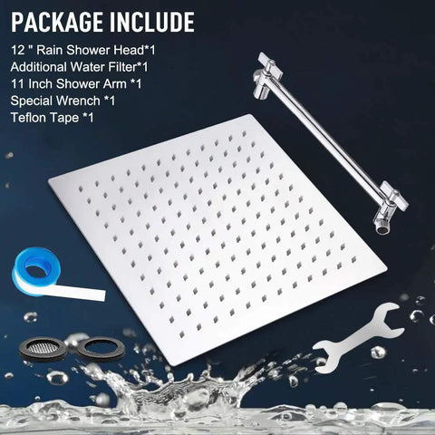 Package contents of 12" High Pressure Stainless Square Rain Shower Head with arm, filter, wrench, and tape.