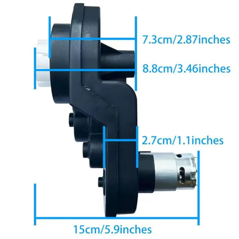 Side view of 12V RS550 40000RPM beefed up high speed motor gearbox upgrade for Power Wheels ride on toys replacement 12V motor.