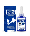 Blue Thread Locker For Nuts And Bolts, Medium To High Strength, 50ml bottle shown with packaging, prevents loosening from vibration and shock.