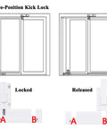 Diagram of 2 Pack Sliding Patio Door Foot Kick Locks for secondary childproof security showing locked and released positions.
