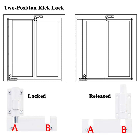 Diagram of 2 Pack Sliding Patio Door Foot Kick Locks for secondary childproof security showing locked and released positions.