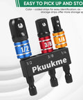 6 Piece Impact Socket Adapter Set For Power Drills And High Torque Impact Wrenches One Quarter Inch Three Eighths Of An Inch And One Half Inch With Extension Driver Bit And Holder, color-coded adapters in holder