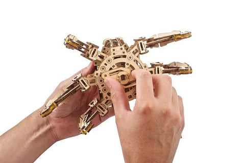 Six Legged Walking Robot Wooden Puzzle Kit For Adults DIY Hexapod Model With Self Propelled Motion Terrain Navigating Crawler Adjustable Speed Dial Realistic Insect Action Hands On Fun Craft Project, wooden hexapod in hands