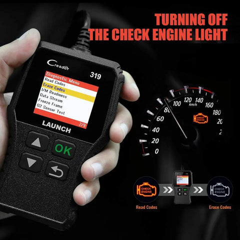 Hand holding OBD2 Scanner CR319 Full OBD2 Functions Code Reader For Check Engine Light displaying diagnostic menu.