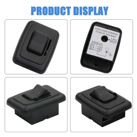 Heavy Duty 12V Dimmer Switch Toggle Universal Rv Marine Boat Led Halogen Lighting Badass Slick Black Finish Road Ready Smooth Brightness Control Tight Wire Install Kit product display with side sliders and connections.