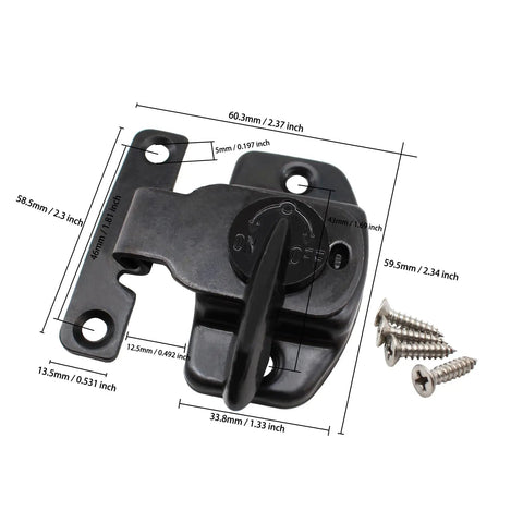 Eight Piece Table Leaf Locks Black Zinc Alloy Extension Connectors showing detailed measurements and screws for assembly.