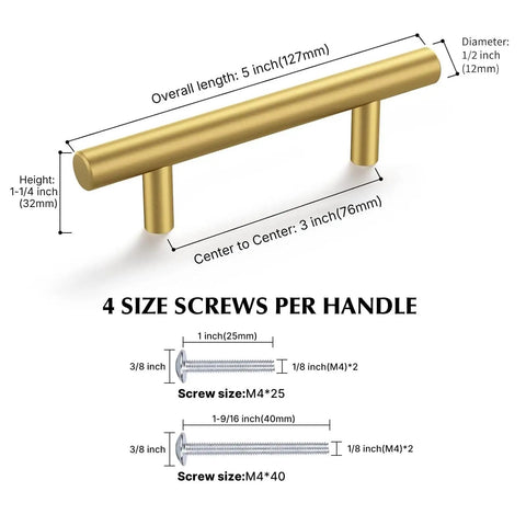Diagram of Ten Pack Brushed Gold Cabinet Pulls For Modern Kitchen And Bathroom Drawer Handles With Three Inch Hole Centers