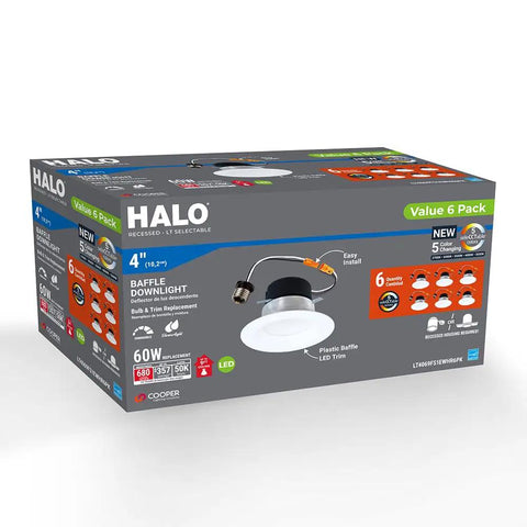 Super Slick 4 Inch Led Recessed Can Light Trim With 5 Selectable Color Temps And Dimmable Control Makes Wet Rated Retrofits A Total Breeze Bringing Crisp 700 Lumens Across This Six Piece Pack For Effortless Home Glow Ups box showcasing product features and specifications.