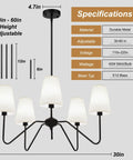 Five Light Modern Black Farmhouse Chandelier With Linen Beige Fabric Shades, 30 Inch Adjustable Pendant Ceiling Light Specs