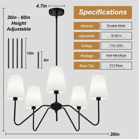 Five Light Modern Black Farmhouse Chandelier With Linen Beige Fabric Shades, 30 Inch Adjustable Pendant Ceiling Light Specs