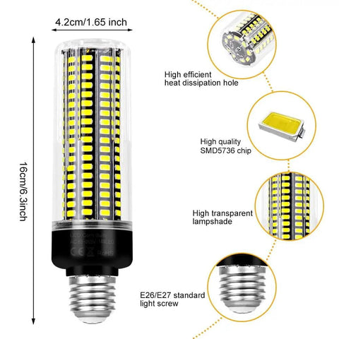 Six Pack 350W Equivalent LED Corn Light Hella Bright 6000K Daylight Bulb 4041 Lumen E26 E27 Base size diagram