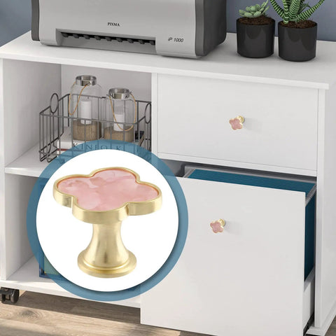Four Leaf Clover Cabinet Knobs 12 Pack Zinc Alloy Drawer Pulls With Pink Surface And Golden Base Installed on White Cabinet