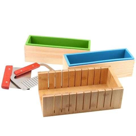 Ultimate 7 Piece Soap Making Kit With Silicone Molds And Stainless Steel Slicers, wood box, green and blue loaf molds