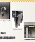 Lockable Heavy Duty Metal Wall Cabinet With Two Removable Shelves In Black And Gray Finish, close-up of lock, handle, and closure details.