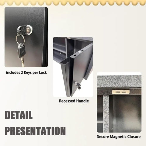 Lockable Heavy Duty Metal Wall Cabinet With Two Removable Shelves In Black And Gray Finish, close-up of lock, handle, and closure details.