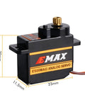12G Mini Metal Gear Analog Servo for RC Models shown with dimensions, 4-pack Futaba JR Compatible, compact size for precise movement.