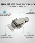 Sturdy 304 Stainless Steel Toggle Latch With Double Spring Draw Catch for toolboxes, cabinets, and cases, shown with components labeled