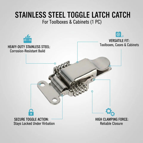 Sturdy 304 Stainless Steel Toggle Latch With Double Spring Draw Catch for toolboxes, cabinets, and cases, shown with components labeled