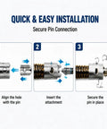 Quick installation steps for Heavy Duty Half And Third Eighths Cable Drain Auger Bit Set showing pin connection process.
