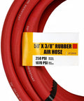 Badass 50 Foot Red Rubber Air Hose Delivers Knockout Durability and Sweet Flex for Your Shop, 3/8" size, with 250 PSI rating.