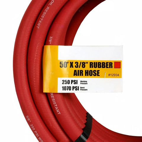 Badass 50 Foot Red Rubber Air Hose Delivers Knockout Durability and Sweet Flex for Your Shop, 3/8" size, with 250 PSI rating.