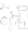 Technical diagram of Matte Black 12 Inch Rain Shower Head With Handheld Combo Set, Wall Mounted High Pressure Dual Shower System.