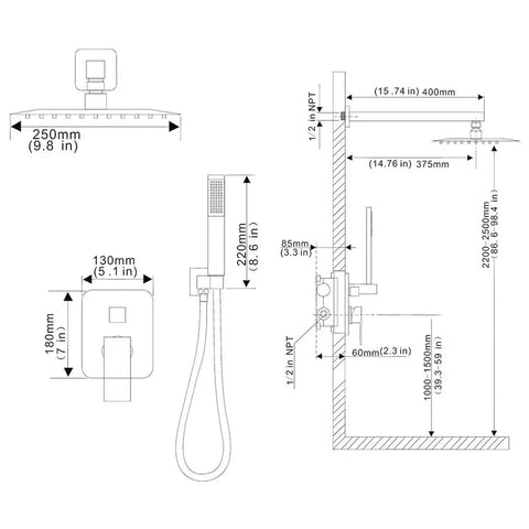 Technical diagram of Matte Black 12 Inch Rain Shower Head With Handheld Combo Set, Wall Mounted High Pressure Dual Shower System.