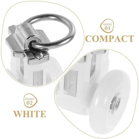 Close-up of a compact 30 Pack Double Wheel Curtain Track Roller with rock solid alloy plastic pulley and white finish.